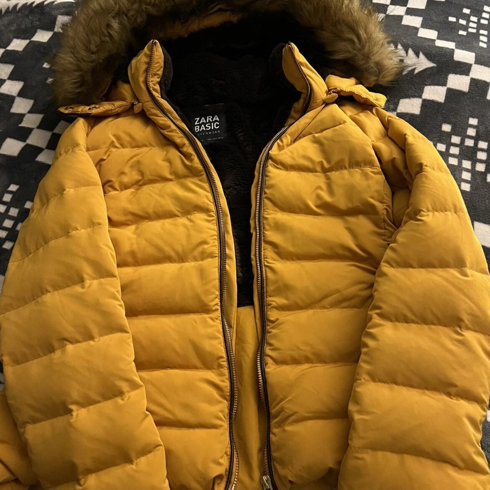Zara Basic Brown and Gold Puffer Jacket with Hooded Fur